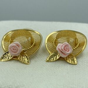 Unique Hat Gold and Pink Floral Earrings